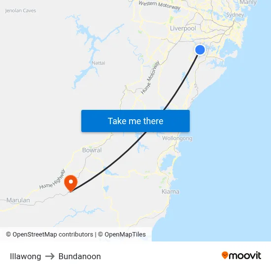 Illawong to Bundanoon map