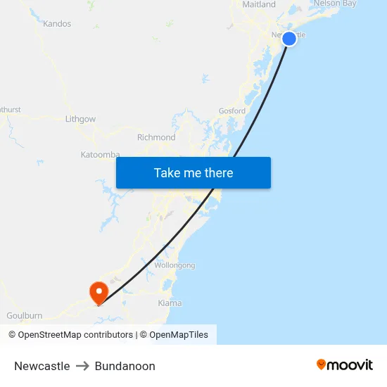 Newcastle to Bundanoon map
