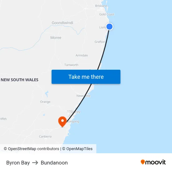 Byron Bay to Bundanoon map