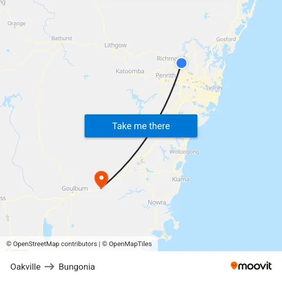 Oakville to Bungonia map