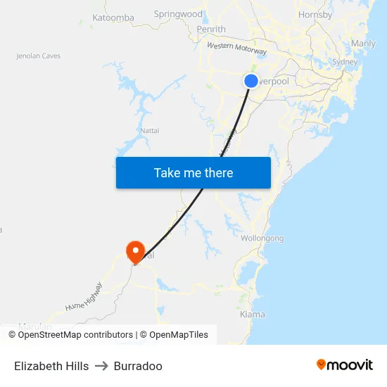 Elizabeth Hills to Burradoo map