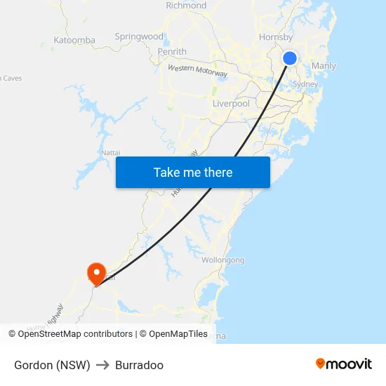 Gordon (NSW) to Burradoo map