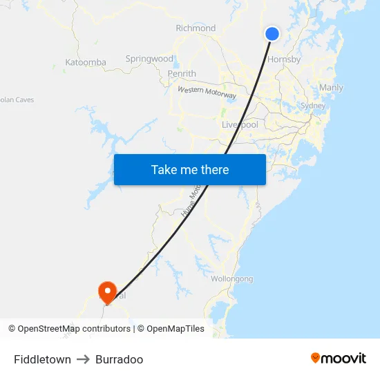 Fiddletown to Burradoo map