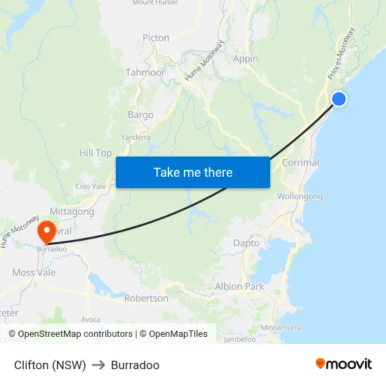 Clifton (NSW) to Burradoo map