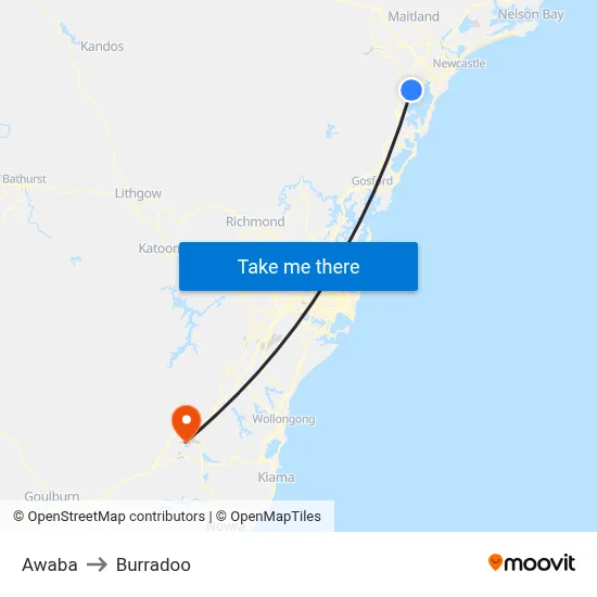 Awaba to Burradoo map