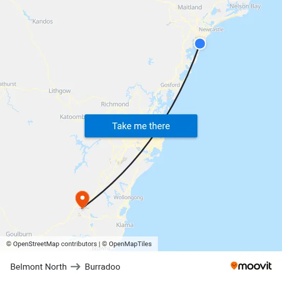 Belmont North to Burradoo map