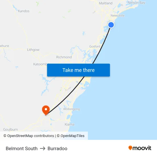 Belmont South to Burradoo map