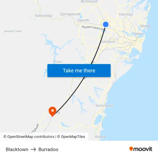 Blacktown to Burradoo map