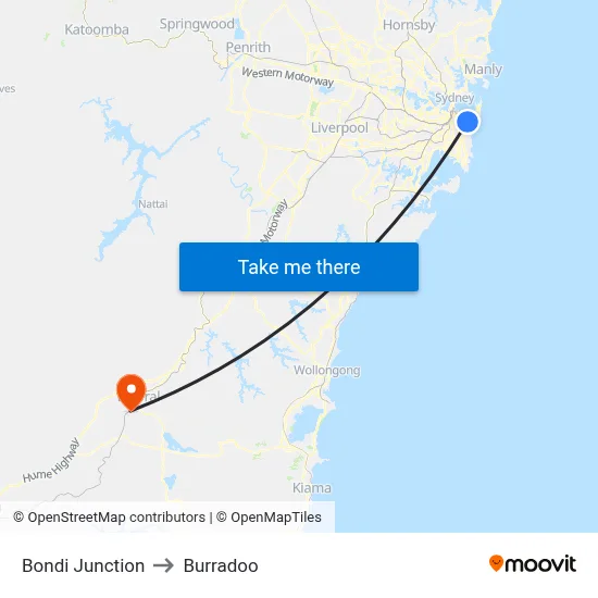 Bondi Junction to Burradoo map