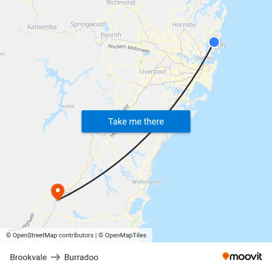 Brookvale to Burradoo map