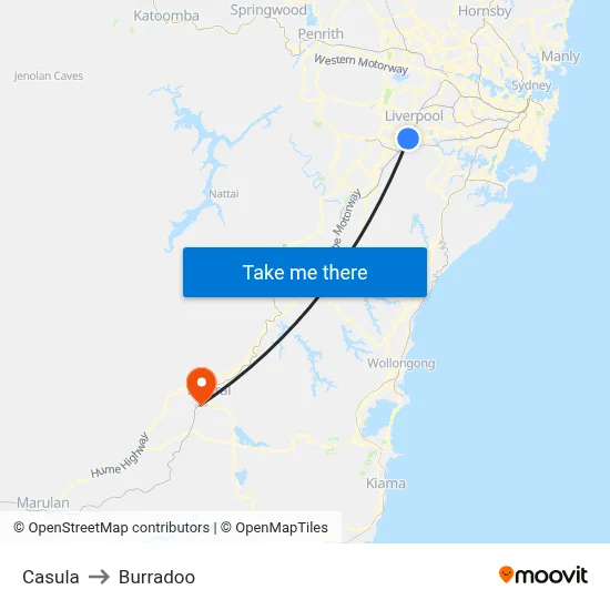 Casula to Burradoo map