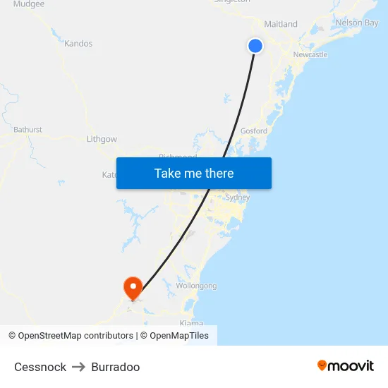 Cessnock to Burradoo map