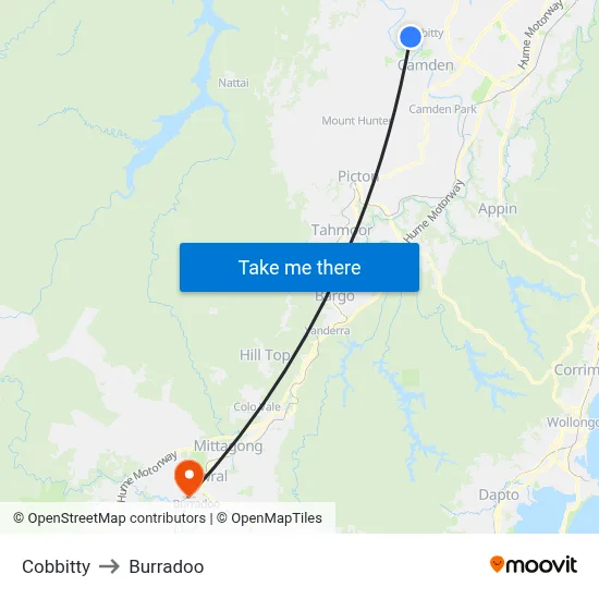 Cobbitty to Burradoo map