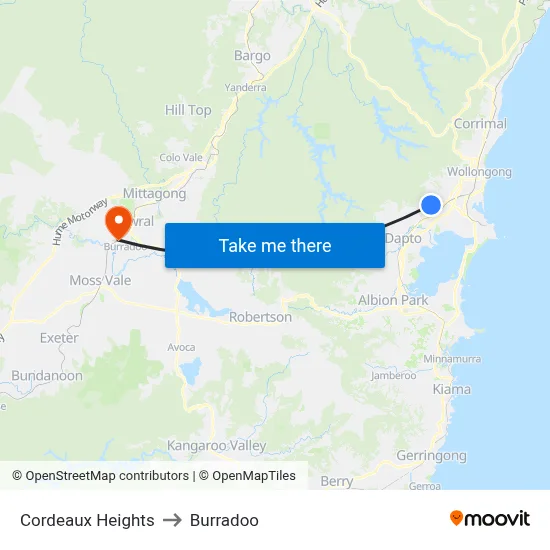 Cordeaux Heights to Burradoo map