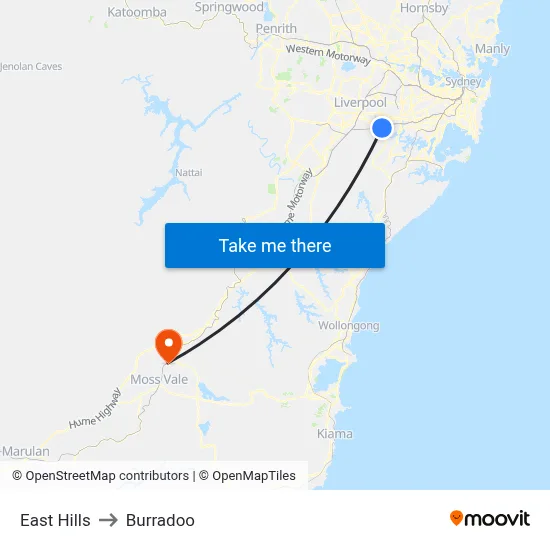 East Hills to Burradoo map
