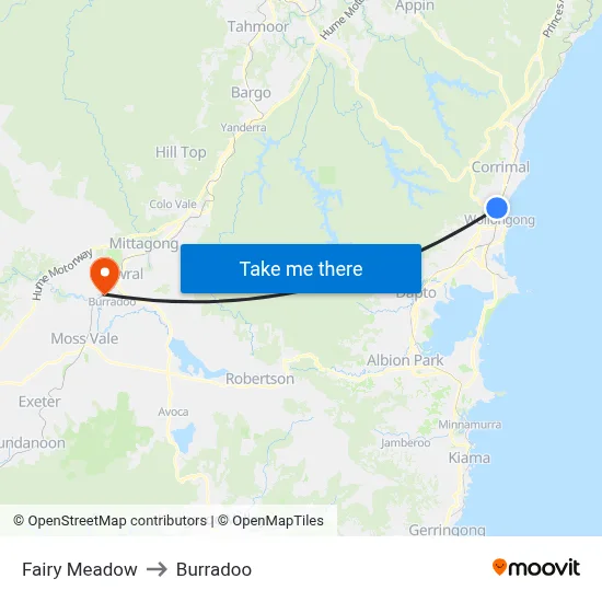 Fairy Meadow to Burradoo map