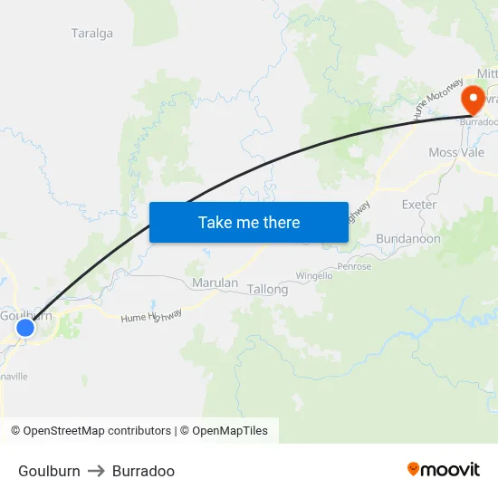 Goulburn to Burradoo map