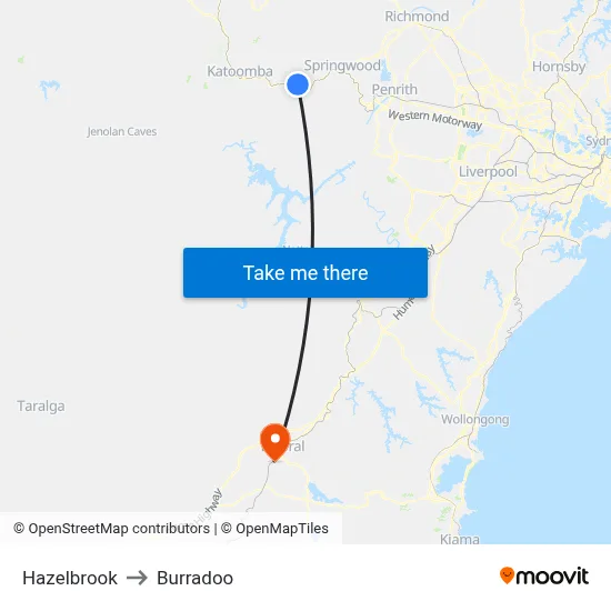 Hazelbrook to Burradoo map