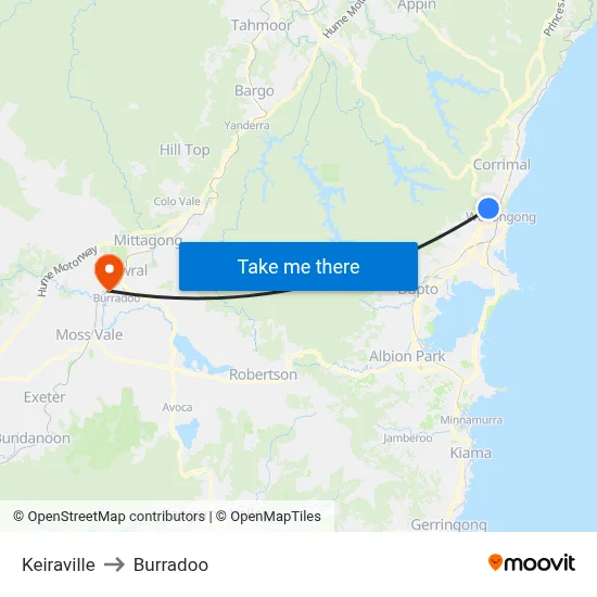Keiraville to Burradoo map