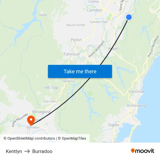 Kentlyn to Burradoo map