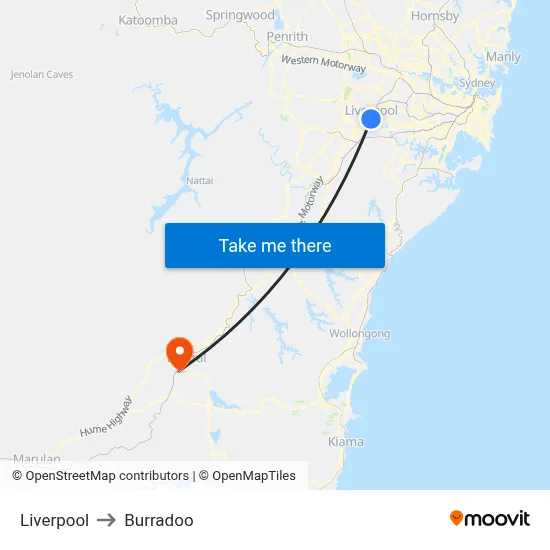 Liverpool to Burradoo map
