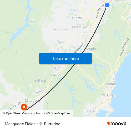 Macquarie Fields to Burradoo map
