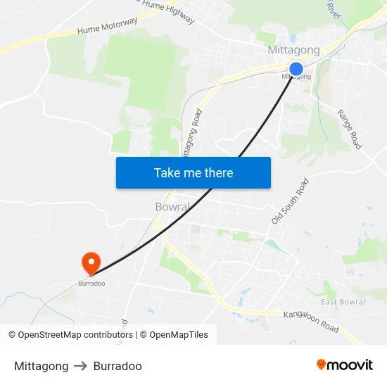 Mittagong to Burradoo map