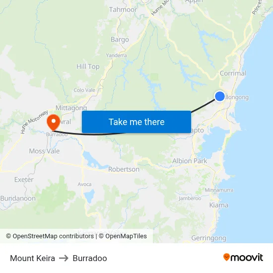 Mount Keira to Burradoo map