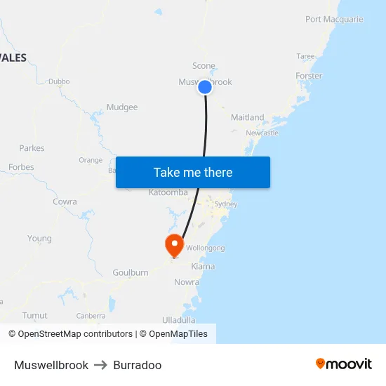 Muswellbrook to Burradoo map