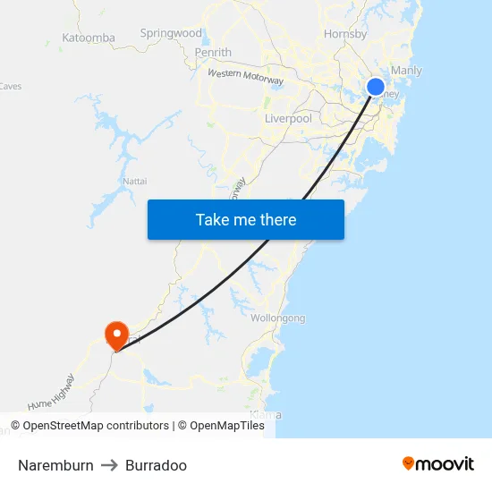 Naremburn to Burradoo map