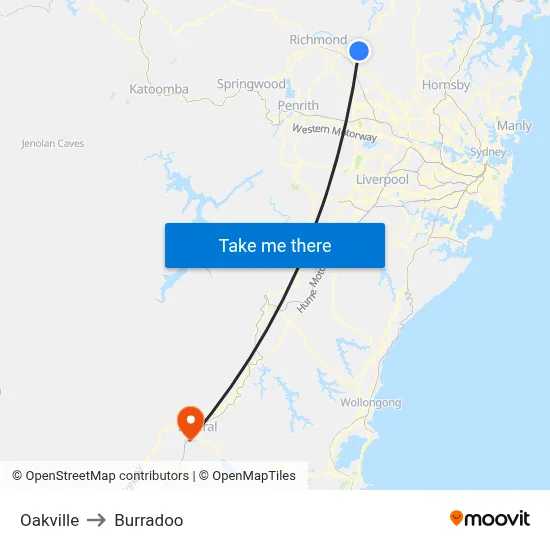 Oakville to Burradoo map