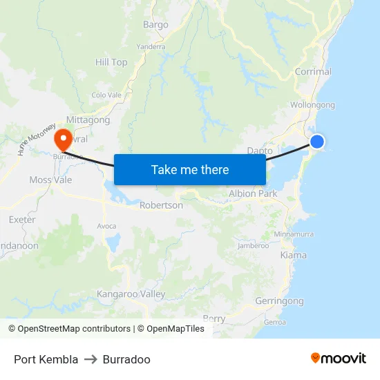 Port Kembla to Burradoo map