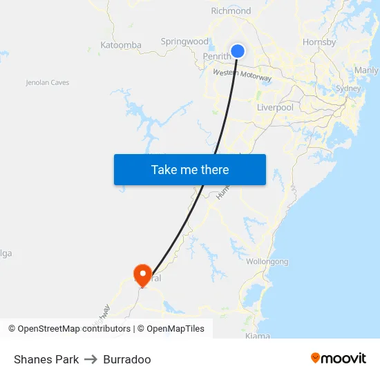Shanes Park to Burradoo map