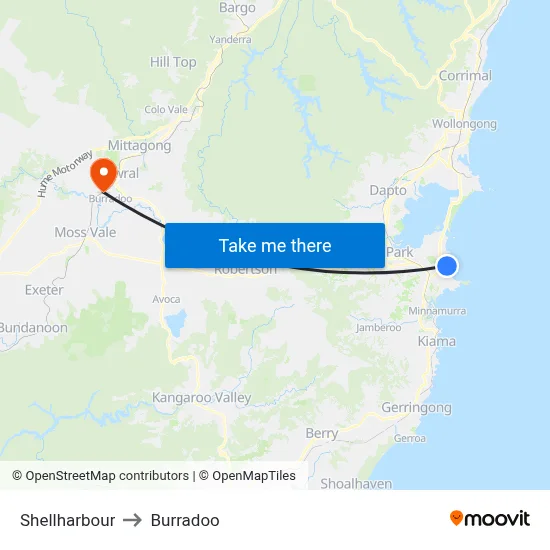 Shellharbour to Burradoo map