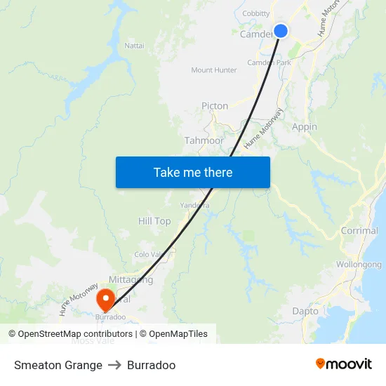 Smeaton Grange to Burradoo map