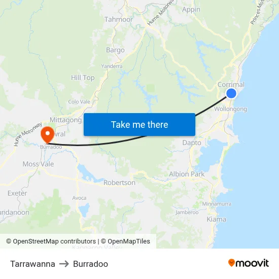 Tarrawanna to Burradoo map
