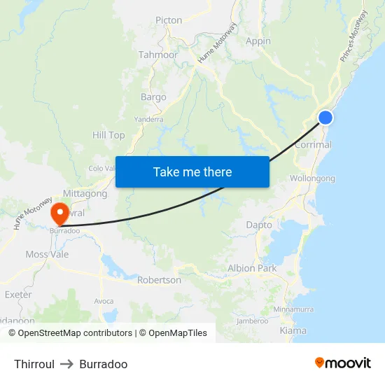 Thirroul to Burradoo map