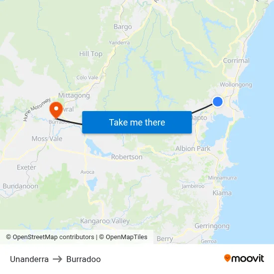 Unanderra to Burradoo map