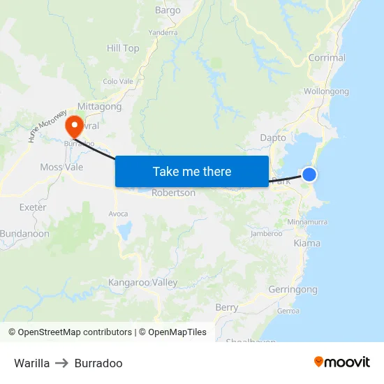 Warilla to Burradoo map