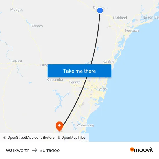 Warkworth to Burradoo map