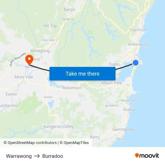 Warrawong to Burradoo map