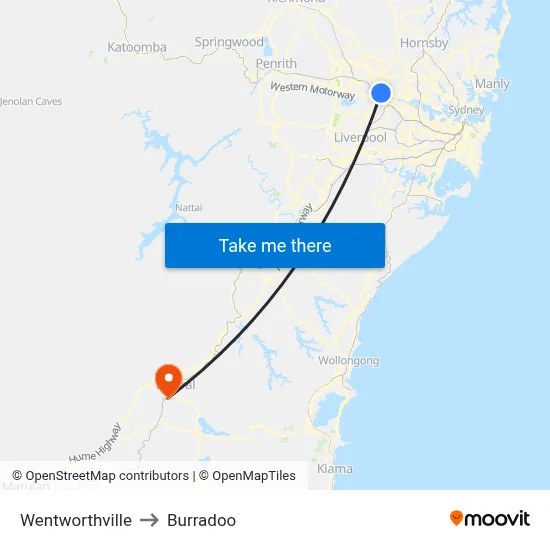 Wentworthville to Burradoo map