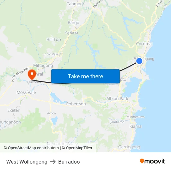 West Wollongong to Burradoo map