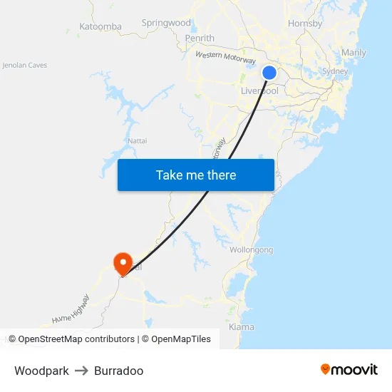 Woodpark to Burradoo map