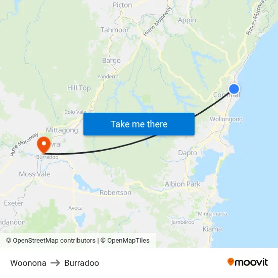 Woonona to Burradoo map
