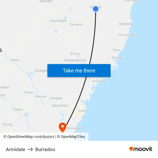 Armidale to Burradoo map