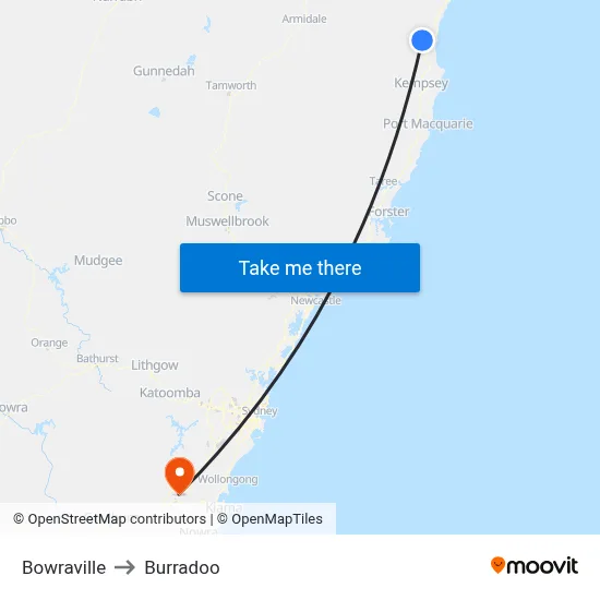Bowraville to Burradoo map