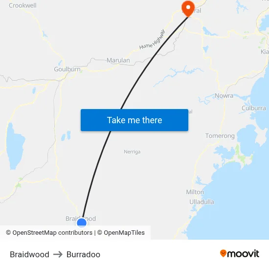 Braidwood to Burradoo map