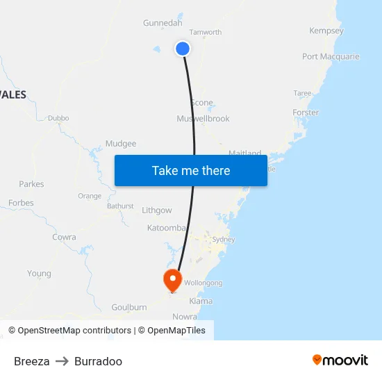 Breeza to Burradoo map