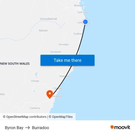 Byron Bay to Burradoo map